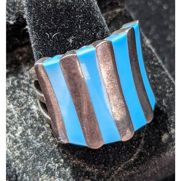 Vintage Jewelry - Vintage Retro 925 Sterling Silver Chunky Blue and Metal Stripe Ring Size 10